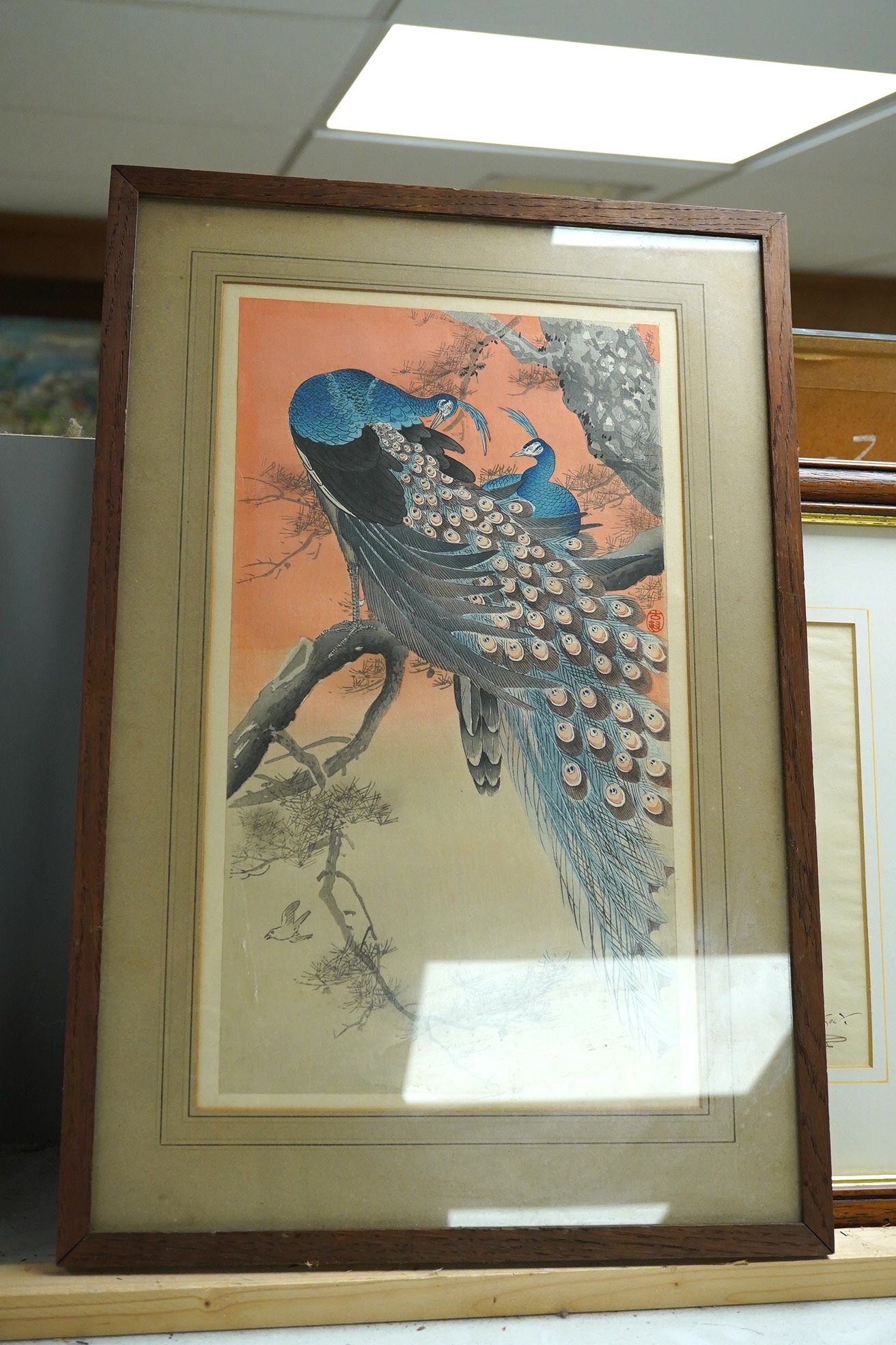 Ohara Koson (1877-1945), Japanese woodblock print, ‘Copper Pheasant’, signed, together with another Japanese woodblock print, Peacocks, possibly by the same artist, 33 x 19cm. Condition - fair to good